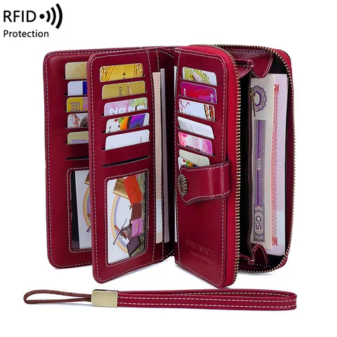 Portefeuille Long pour Femmes avec Blocage RFID Cuir PU Ciré Ajouré Pochette Grande Capacité Porte-Cartes Avec Dragonne