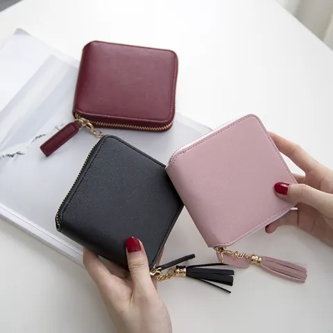 Women's Small Square PU Leather Wallet Fashion Short Zipper Coin Purse With Tassel Card Holder Daily Simple Solid Color