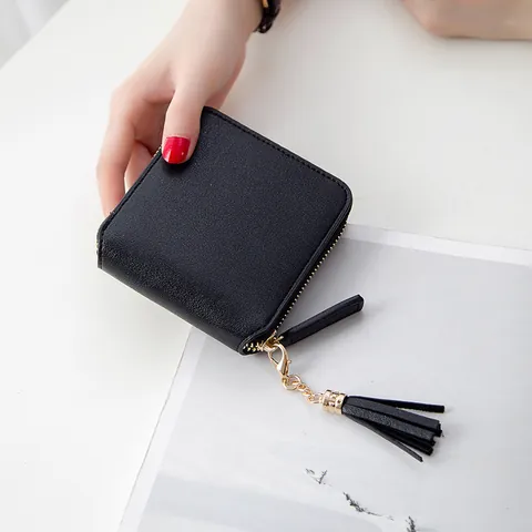 Women's Small Square PU Leather Wallet Fashion Short Zipper Coin Purse With Tassel Card Holder Daily Simple Solid Color