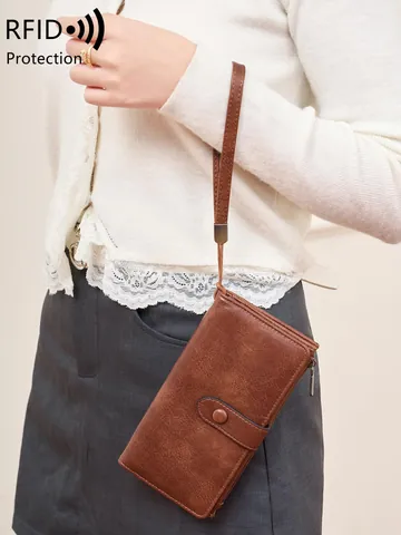 Portefeuille pour Femmes avec Protection RFID en Cuir PU Vintage Grande Capacité Long Plié en Deux Pochette avec Emplacements pour Cartes Poche Zippée Dragonne