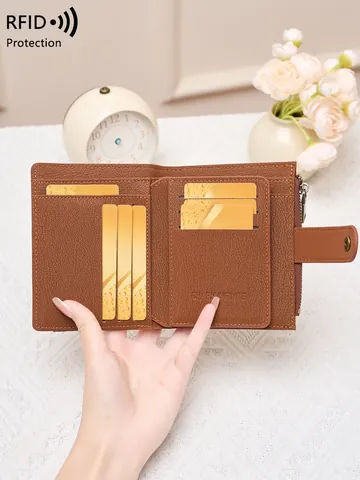 Vintage RFID-Schutz PU-Leder Dreifach Gefaltete Kurze Geldbörse Für Damen Mit Mehreren Kartenfächern Und Reißverschluss-Münzfach