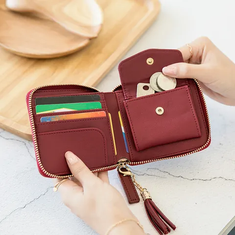 Women's RFID Protection PU Leather Square Wallet Short Zipper Coin Purse With Tassel Fashion Solid Color Ladies Card Holder