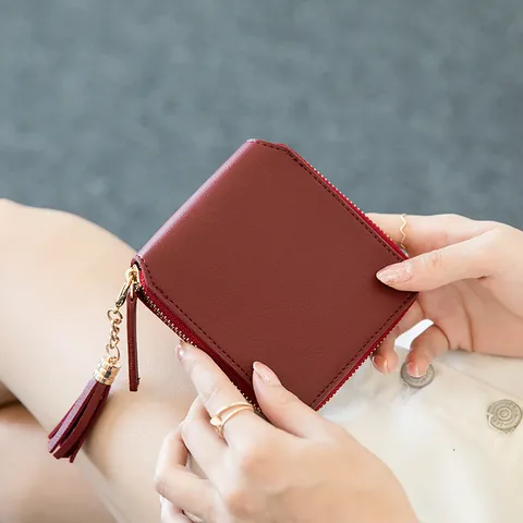 Women's RFID Protection PU Leather Square Wallet Short Zipper Coin Purse With Tassel Fashion Solid Color Ladies Card Holder