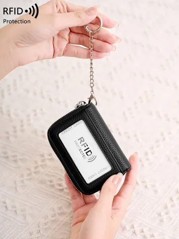 Portacarte con Blocco RFID in Pelle PU Portafoglio a Fisarmonica Con Portachiavi Catena in Metallo Cerniera Mini Borsa Uomo Donna