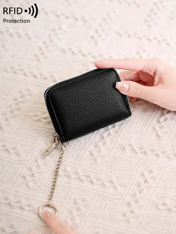 Portacarte con Blocco RFID in Pelle PU Portafoglio a Fisarmonica Con Portachiavi Catena in Metallo Cerniera Mini Borsa Uomo Donna