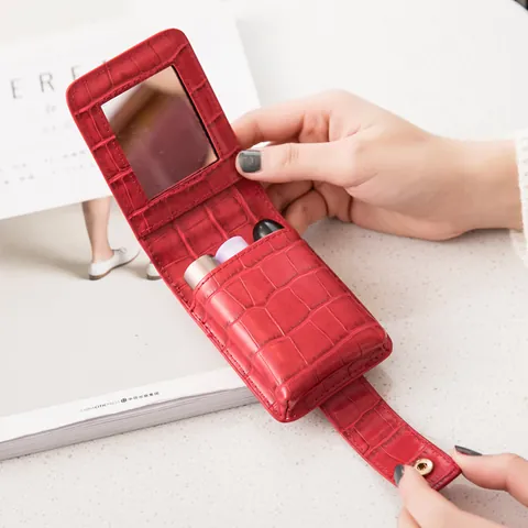 Women Mini PU Leather Crocodile Pattern Lipstick Case Portable Makeup Bag With Built-in Mirror For Travel Daily Storage