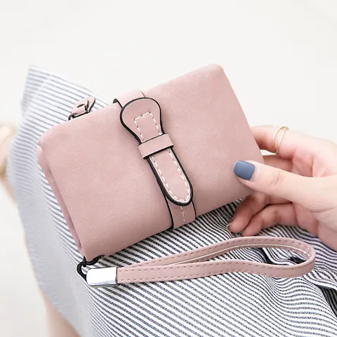 Dames Korte Opvouwbare PU-Leren Portemonnee Effen Kleur Minimalistische Kleine Portemonnee Met Strikdecoratie En Polsbandje