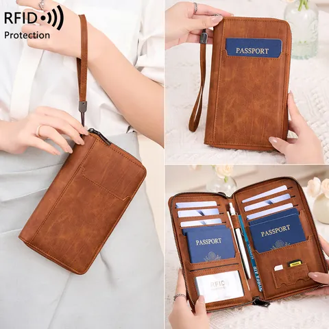 Protège-passeport RFID Rétro Portefeuille de Voyage Hommes Femmes Cuir PU Grande Capacité Pochette Zippée Organisateur Documents