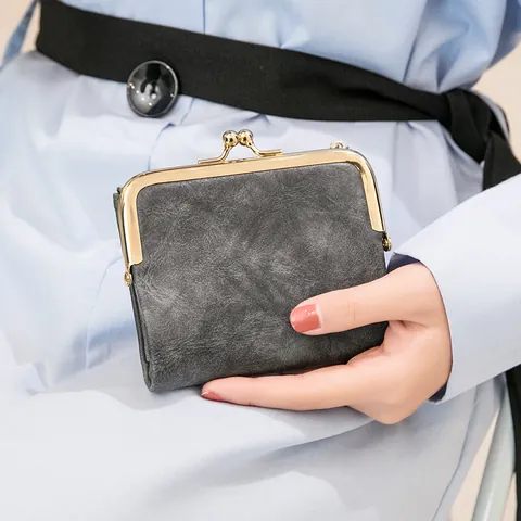 Portafoglio Donna Vintage in Pelle PU Retro Chiusura a Bacio Portamonete Porta Carte Corto Multifunzionale con Cerniera