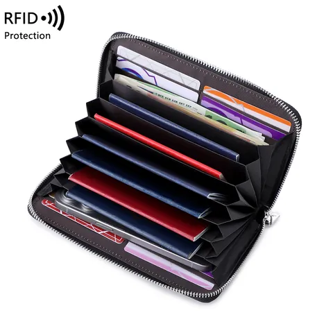 Portefeuille Protège-passeport en Cuir Véritable avec Blocage RFID Cuir de Vachette de Première Couche Organisateur à Fermeture Éclair Grande Capacité Sac de Carte de Voyage pour Femmes Hommes
