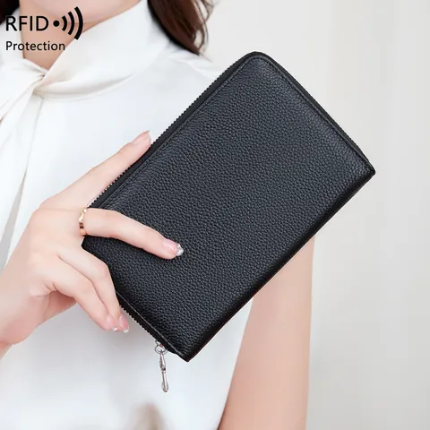 Portefeuille Protège-passeport en Cuir Véritable avec Blocage RFID Cuir de Vachette de Première Couche Organisateur à Fermeture Éclair Grande Capacité Sac de Carte de Voyage pour Femmes Hommes