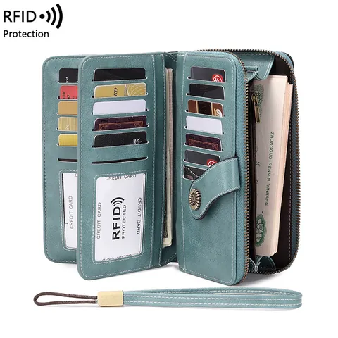 Portefeuille Long pour Femme avec Blocage RFID Pochette en Cuir PU Grande Capacité Multi Emplacements pour Cartes Design Ajouré Avec Dragonne Sacs de Style Vintage