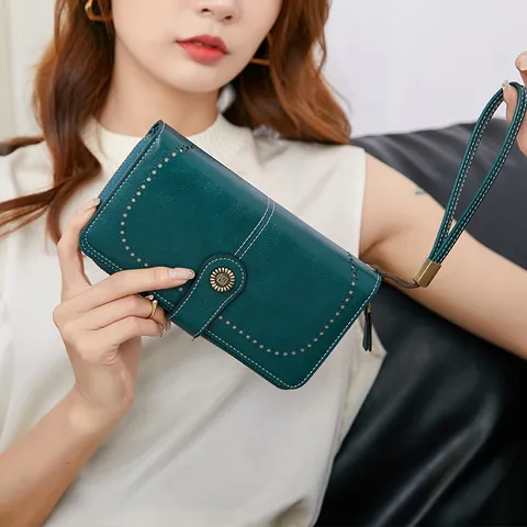 Portefeuille Long pour Femme avec Blocage RFID Pochette en Cuir PU Grande Capacité Multi Emplacements pour Cartes Design Ajouré Avec Dragonne Sacs de Style Vintage