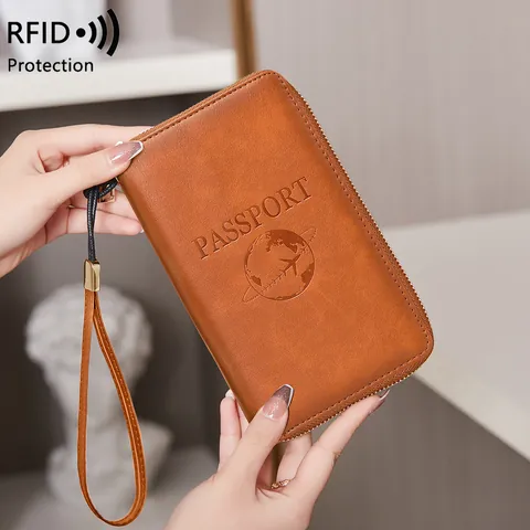 Multifunctional RFID Blocking Passport Holder PU Leather Travel Wallet Long Zipper Card Case Ticket Organizer For Unisex