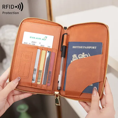 Multifunctional RFID Blocking Passport Holder PU Leather Travel Wallet Long Zipper Card Case Ticket Organizer For Unisex