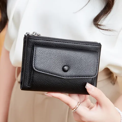 Portafoglio Corto Donna in Pelle PU con Motivo Litchi Protezione RFID Multi Slot Portacarte Doppia Cerniera Bottone Clutch