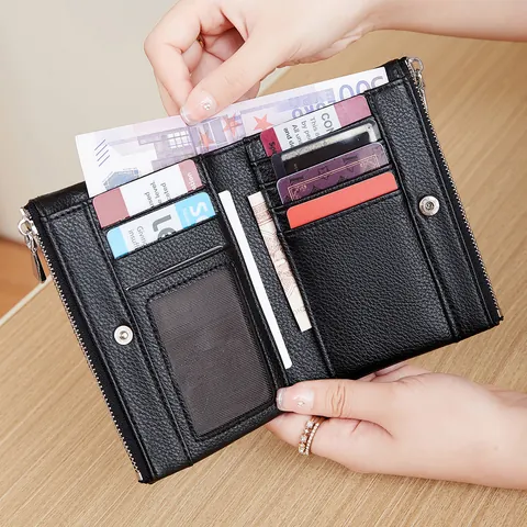 Portafoglio Corto Donna in Pelle PU con Motivo Litchi Protezione RFID Multi Slot Portacarte Doppia Cerniera Bottone Clutch