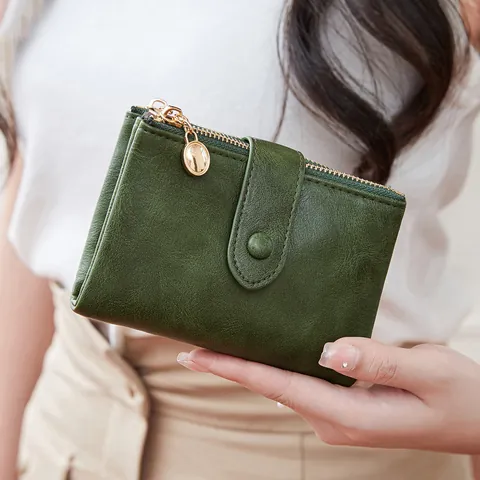 Portefeuille Court Femme Protection RFID Cuir PU Vintage Pliable en Trois Multi Emplacements Cartes Fermeture Éclair Bouton Pression