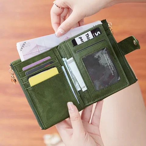 Portefeuille Court Femme Protection RFID Cuir PU Vintage Pliable en Trois Multi Emplacements Cartes Fermeture Éclair Bouton Pression