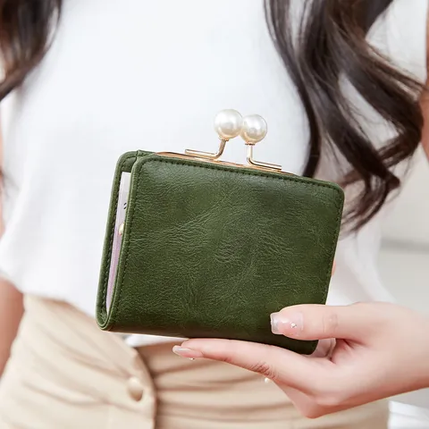 Portafoglio Corto da Donna in Pelle PU Vintage Con Chiusura a Scatto con Perle Pieghevole Porta Carte RFID Mini Borsellino