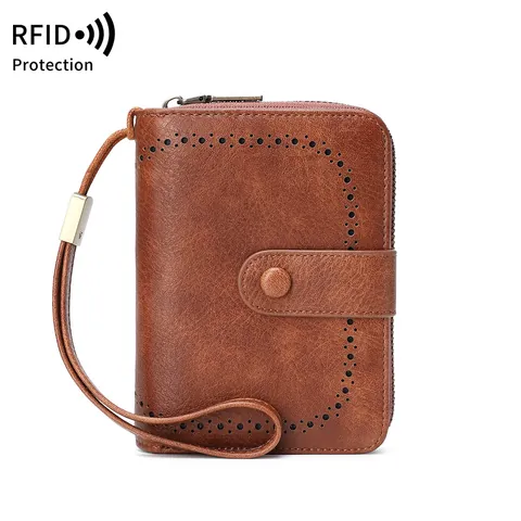 Portefeuille Femme Blocage RFID Vintage Cuir PU Multi-emplacements Cartes Pochette Avec Dragonne Ajouré Fermeture Éclair Porte-cartes