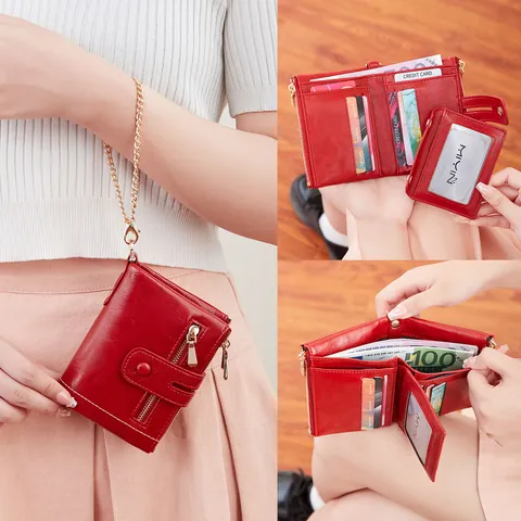 Women's Fashion Tri-fold PU Leather Wallet With Detachable Chain RFID Blocking Multi-functional Card Holder Clutch Coin Purse