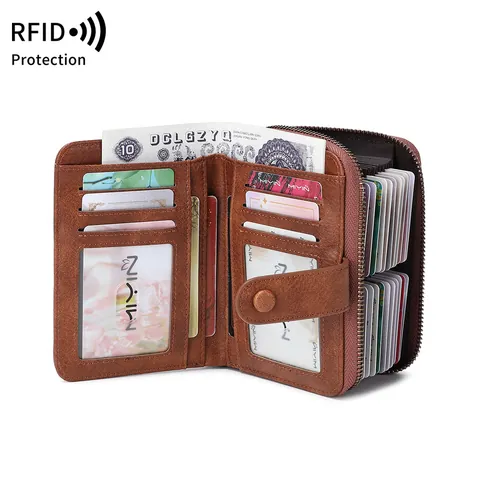 Portefeuille Femme Blocage RFID Vintage Cuir PU Multi-emplacements Cartes Pochette Avec Dragonne Ajouré Fermeture Éclair Porte-cartes