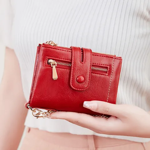 Women's Fashion Tri-fold PU Leather Wallet With Detachable Chain RFID Blocking Multi-functional Card Holder Clutch Coin Purse