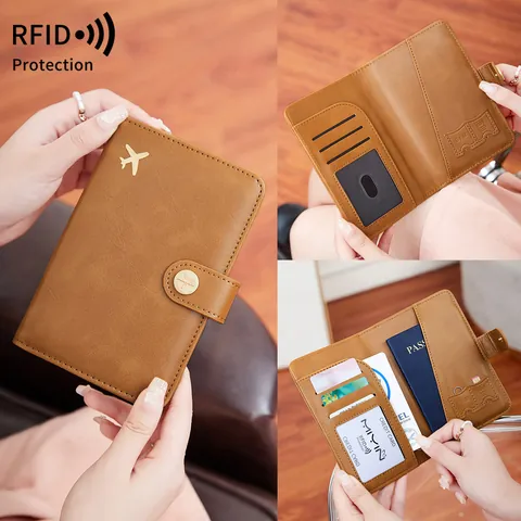 Porta Passaporto con Blocco RFID in Pelle PU Portafoglio da Viaaggio Multifunzionale Con Icona Aereo Per Uomini Donne Custodia per Documenti