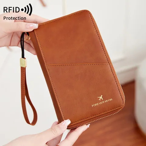 Protège-passeport RFID Long Portefeuille de Voyage PU Organisateur Documents Fentes Cartes Poche Téléphone Unisexe Pochette de Voyage