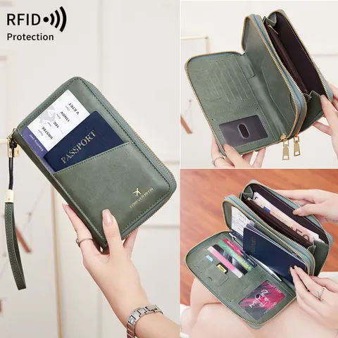 Portapassaporto in Pelle PU con Protezione RFID Portafoglio da Viaggio Multifunzionale Doppia Cerniera Porta Carte Organizer Lungo per Uomo Donna Borsa da Viaggio