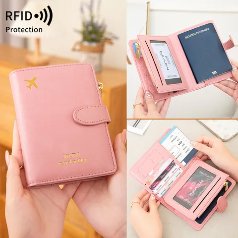 Protège-passeport de Voyage avec Protection RFID en Cuir PU Portefeuille Organisateur de Documents Multifonctionnel Avec Fentes pour Cartes et Motif Avion