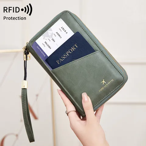 Portapassaporto in Pelle PU con Protezione RFID Portafoglio da Viaggio Multifunzionale Doppia Cerniera Porta Carte Organizer Lungo per Uomo Donna Borsa da Viaggio