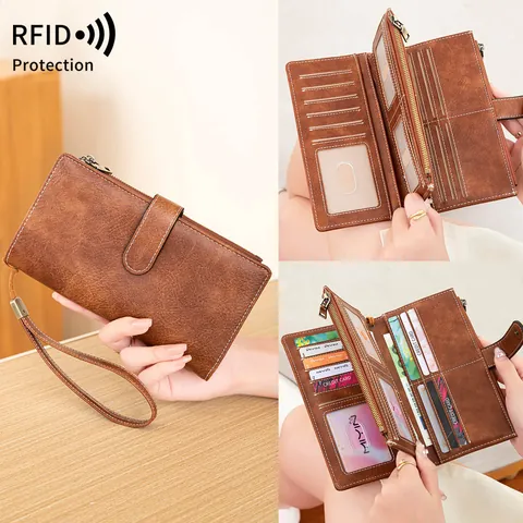 Portefeuille Long Vintage pour Femmes Avec Blocage RFID Grande Capacité en Cuir PU Pliant Avec Dragonne Pochette pour Cartes Téléphone Argent