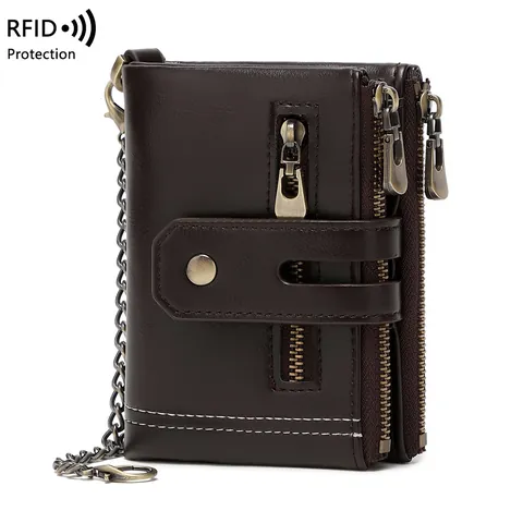 Herren RFID-Schutz Dreifach Gefaltete Geldbörse PU-Leder Multi-Fächer Kurz Portemonnaie Mit Diebstahlsicherungskette Für Business Casual