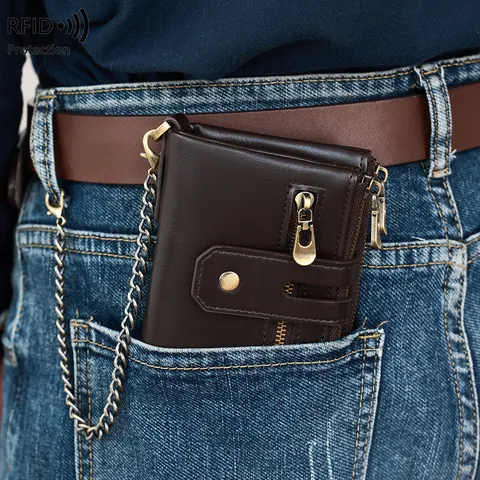 Herren RFID-Schutz Dreifach Gefaltete Geldbörse PU-Leder Multi-Fächer Kurz Portemonnaie Mit Diebstahlsicherungskette Für Business Casual