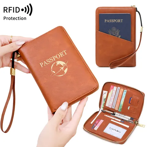 Protège-passeport Multifonction Blocage RFID En Cuir PU Organisateur De Documents De Voyage Portefeuille Avec Dragonne Pour Cartes