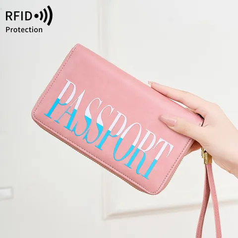 Protège-Passeport à Blocage RFID en Cuir PU Organisateur de Voyage Multifonctionnel Portefeuille à Fermeture Éclair Pour Documents Cartes Espèces Unisexe