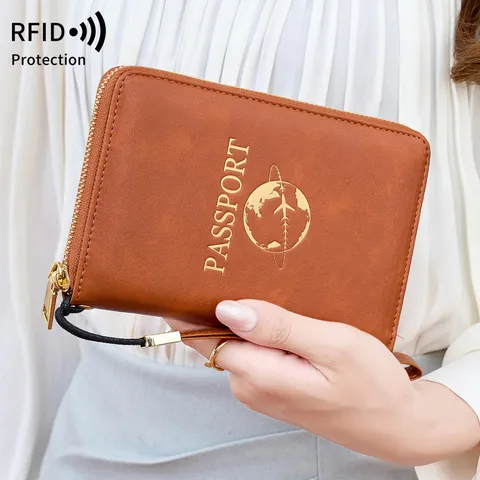 Protège-passeport Multifonction Blocage RFID En Cuir PU Organisateur De Documents De Voyage Portefeuille Avec Dragonne Pour Cartes