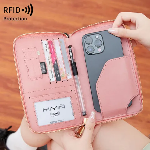Protège-Passeport à Blocage RFID en Cuir PU Organisateur de Voyage Multifonctionnel Portefeuille à Fermeture Éclair Pour Documents Cartes Espèces Unisexe