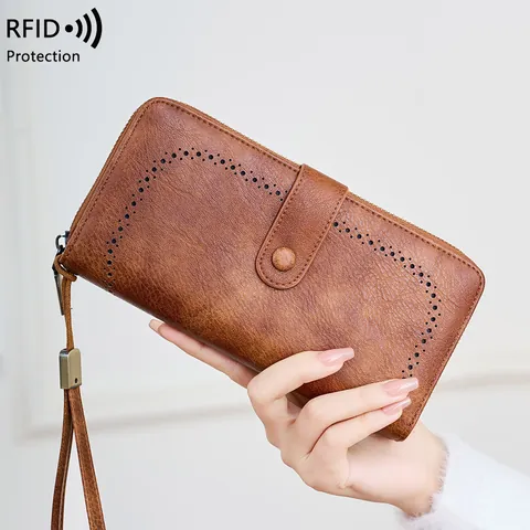 Portafoglio Lungo da Donna con Protezione RFID Vintage in Ecopelle Traforata con Scomparti a Fisarmonica e Cinturino