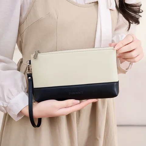 Pochette pour Femme en Cuir PU Design Color Blocking Sac à Main Grande Capacité Protection RFID Portefeuille avec Dragonne