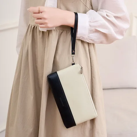 Pochette pour Femme en Cuir PU Design Color Blocking Sac à Main Grande Capacité Protection RFID Portefeuille avec Dragonne