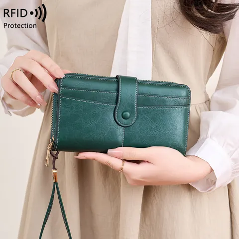 Portefeuille Long pour Femme Vintage Avec Protection RFID en Cuir PU Grande Capacité Plusieurs Emplacements Pour Cartes Pochette Avec Dragonne