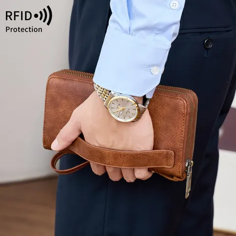 RFID Schutz Lange Geldbörse Für Damen Herren Doppelreißverschluss Clutch Große Kapazität PU Leder Reise Pass Portemonnaie Business Tasche