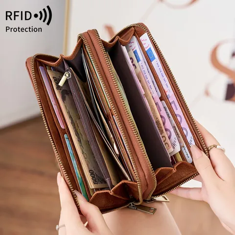 RFID Schutz Lange Geldbörse Für Damen Herren Doppelreißverschluss Clutch Große Kapazität PU Leder Reise Pass Portemonnaie Business Tasche