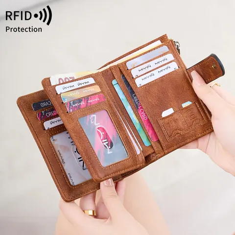 Portefeuille Femme Protection RFID en Cuir PU Vintage Court à Trois Volets Porte-Cartes Avec Poche à Monnaie Zippée