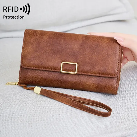 Portafoglio Lungo da Donna con Blocco RFID Vintage in Pelle PU Multifunzionale Triplo Pieghevole Pochette con Cinturino da Polso Grande Capacità