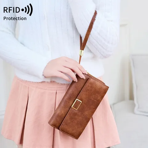 Portafoglio Lungo da Donna con Blocco RFID Vintage in Pelle PU Multifunzionale Triplo Pieghevole Pochette con Cinturino da Polso Grande Capacità
