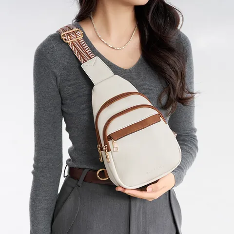 Women's Vintage PU Leather Chest Bag Contrast Color Wide Geometric Pattern Strap Crossbody Shoulder Bag Multi Compartment Fashion Waist Sling Bag